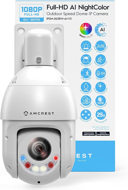 Amcrest 2MP Outdoor PTZ POE + IP Camera Pan Tilt Zoom (Optical 25x Motorized) Camera Security Speed Dome, CMOS Image Sensor, 328ft Night Vision, POE+ (802.3at) F1.6, IP66, IP2M-863EW-AI-V3