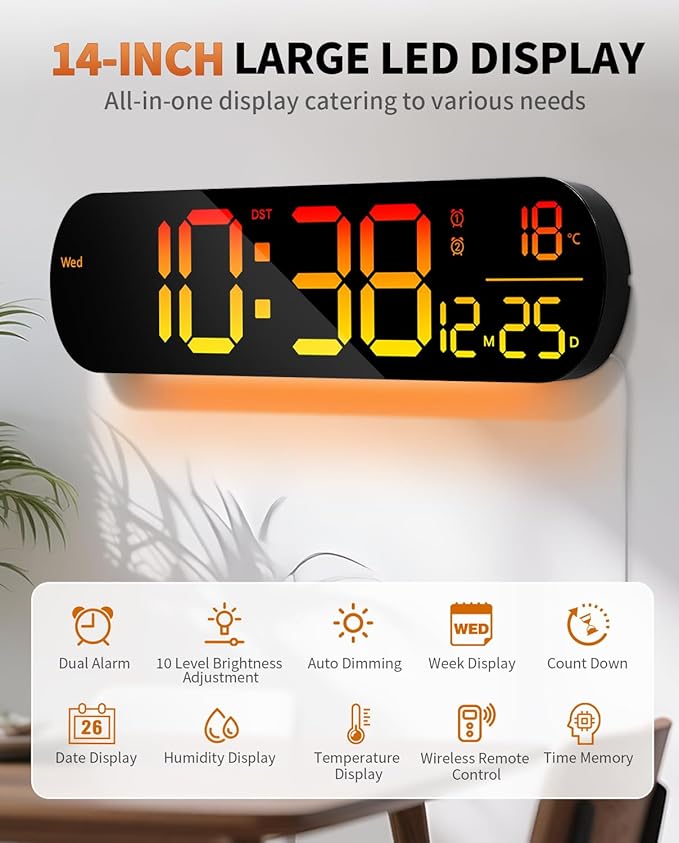 14" Large Digital Wall Mount Clock, Count Down Timer, Alarm, Big LED, 11 RGB Color, Temperature for Living Room Classroom Desk, Xmas, Birthday Gift for Senior Mom Dad (Oval)