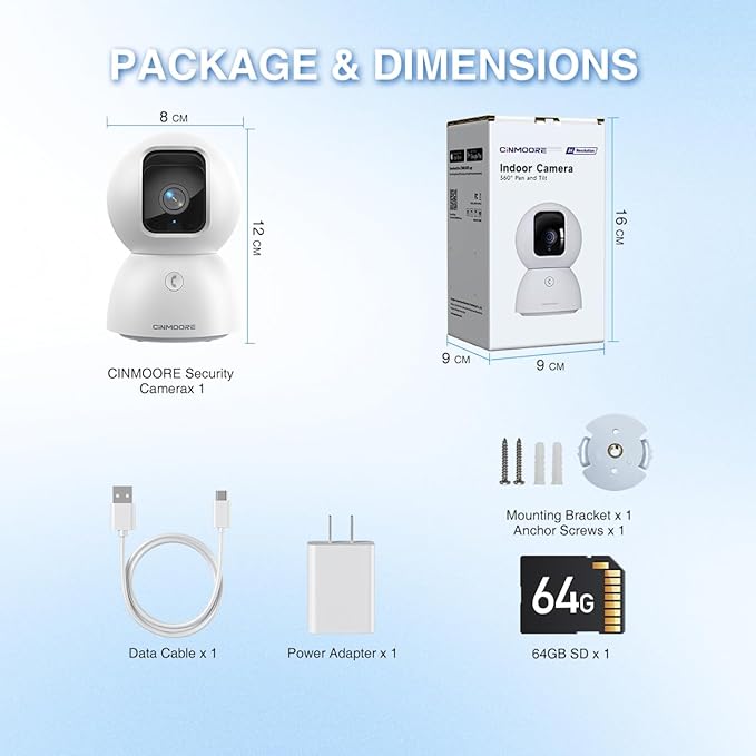 3K Indoor Camera with 64GB Card, Human/Pet/Facial AI Detection, Dog/Cat/Pet Camera Indoor with Phone APP, 5GHz 2.4GHz Dual Band Wi-Fi 6, 360 Pan Tilt Auto Tracking, Night Vision, 2-Way Talk