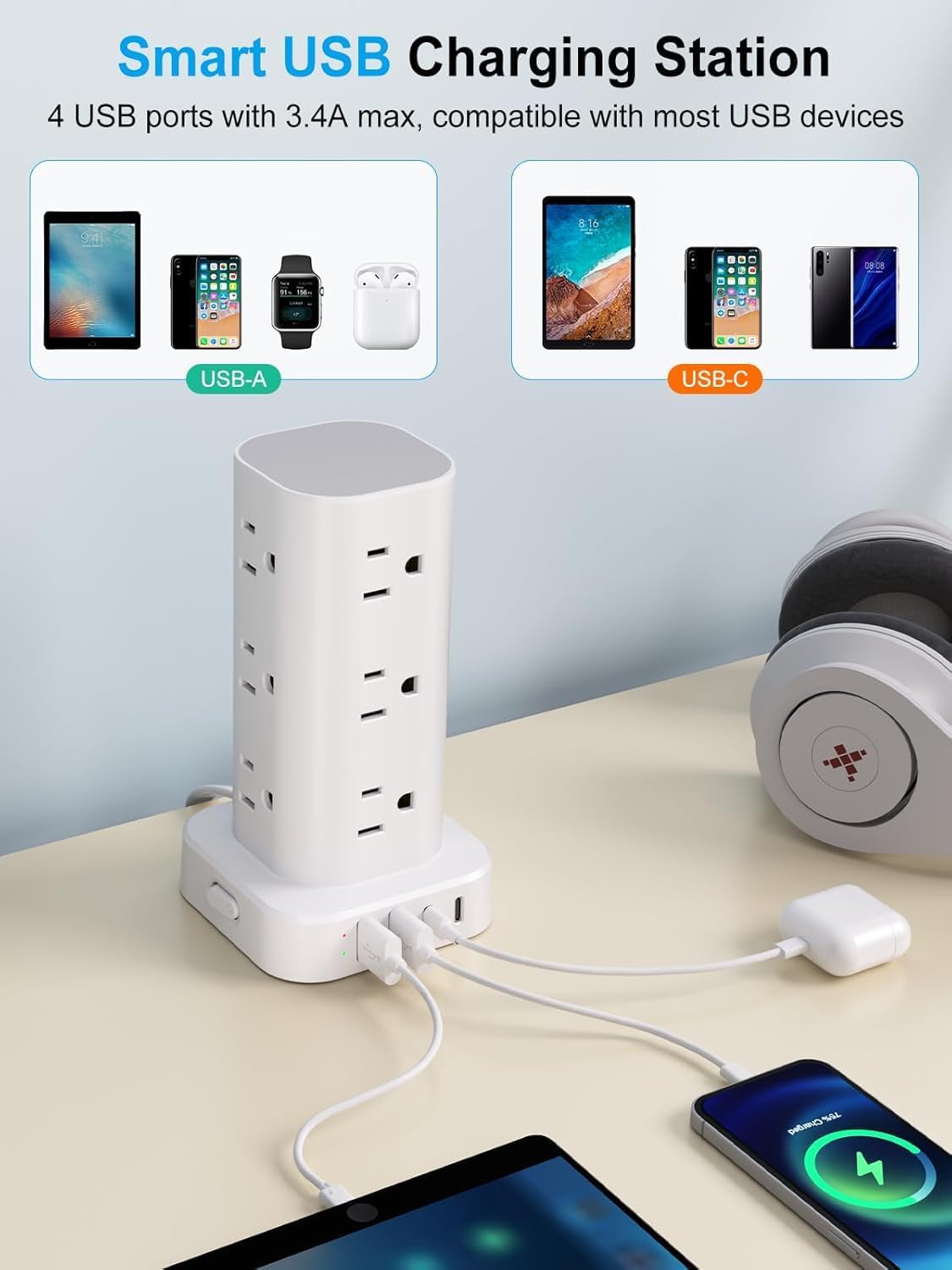 Power Strip Tower with Wireless Charger, Flat Plug Surge Protector Tower with 15FT Extension Cord, 12 AC Multiple Outlets, 4 USB (2 USB C),15W Wireless Charging Power Tower for Home Office Dorm,White