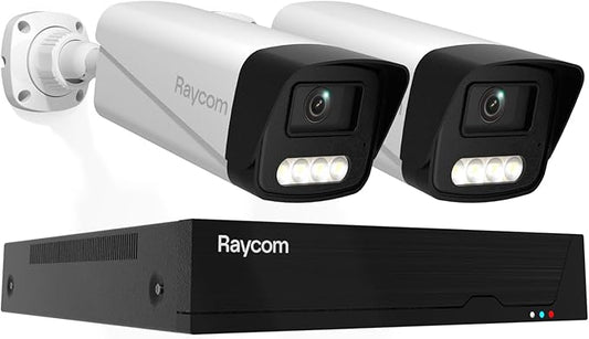 Rraycom 4CH Home Security Camera System, 2pcs Wired Outdoor PoE IP 3MP Cameras with Motion Detection, Two-Way Audio, Spotlight, 4K/3MP 4CH NVR with 1TB HDD for 24-7 Recording, No Monthly Fee