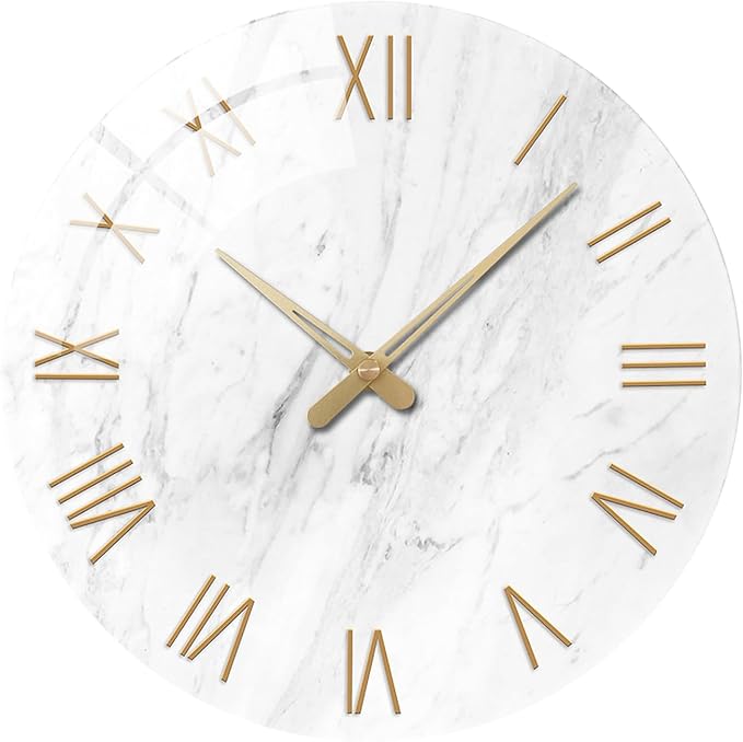 White Marble Large Clocks for Living Room Round Glass Wall Clock Battery Operated 16 Inch Silent Wall Clock Non Ticking