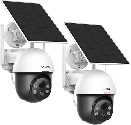 DEKCO Security Cameras Wireless Outdoor, Solar Powered, Panoramic PTZ, Auto Motion Tracking, True 2K, Color Night Vision, Spotlights, 2-Way Talk, 2 Pac