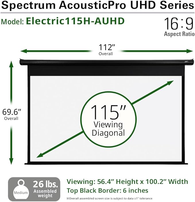Elite Screens Spectrum AcousticPro UHD 115-inch Motorized Projector Screen Electric Projection Screen 16:9, 4K Moiré-Free Sound Transparent Perforated Weave 4K Ready Drop Down Projector Screen
