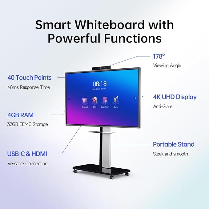 65 Inch Smart Board, Interactive Whiteboard, 4K UHD Touch Screen Digital Board, Digital Electronic Smartboard for Classroom,Office & Conference Rooms,Open App Ecosystem(Board & Wall Mount Only)