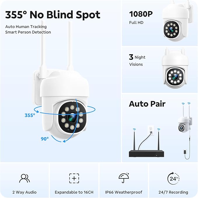 CAMCAMP 16 Channel Security Camera System Wireless Cameras for Home Security, Pan & Tilt 360° View, Auto Human Tracking, 4K NVR w/ 500GB, Two-Way Audio, 3 Night Vision, CCTV Surveillance Kit(16, CAM)