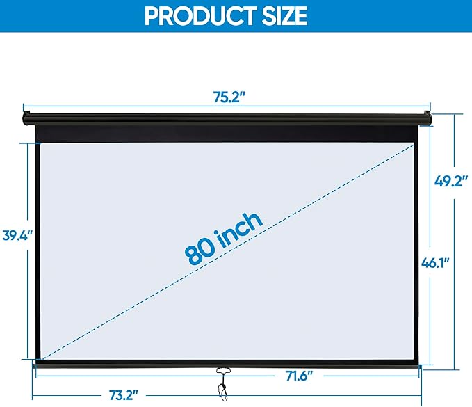 SUPER DEAL 80'' 16:9 HD Projection Screen Foldable Anti-Crease Portable Projector Movie Screen Manual Pull Down for Home Theater Presentation Education Outdoor Indoor Public Display, Black