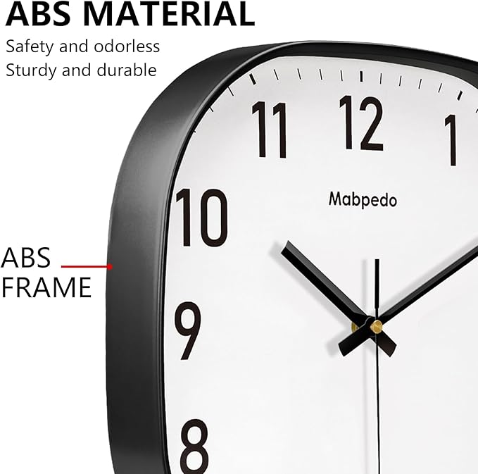 10 Inch Wall Clock, Silent Non Ticking Wall Clocks Battery Operated, Square Analog Decorative Wall Clocks for Bedroom Living Room Office Home Gym Porch Decor Indoor Outdoor Clock, Black