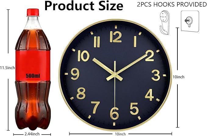 Modern Wall Clock, 10 Inch Digital Wall Clocks Battery Operated, Round Non Ticking Silent Analog Clock for Bedroom Living Room Kitchen Office Gym Classroom Decor, Gold Navy Blue Battery Clock