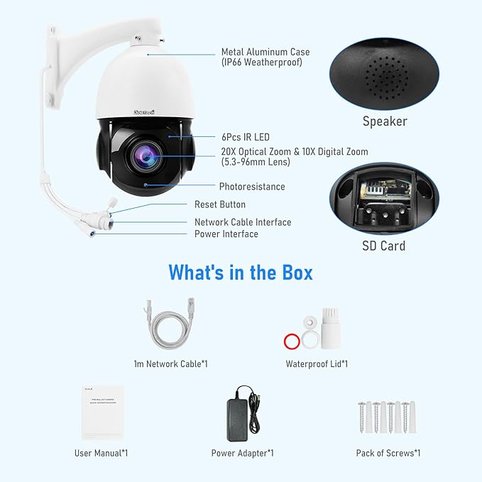JideTech 200X Hybrid Zoom 4K 8MP Outdoor PTZ IP PoE Security Camera, Auto Tracking Dome Surveillance Camera, Human/Vehicle Detection, 492ft IR Night Vision, Two-Way Talk, IP66, for RTMP,Blue Iris