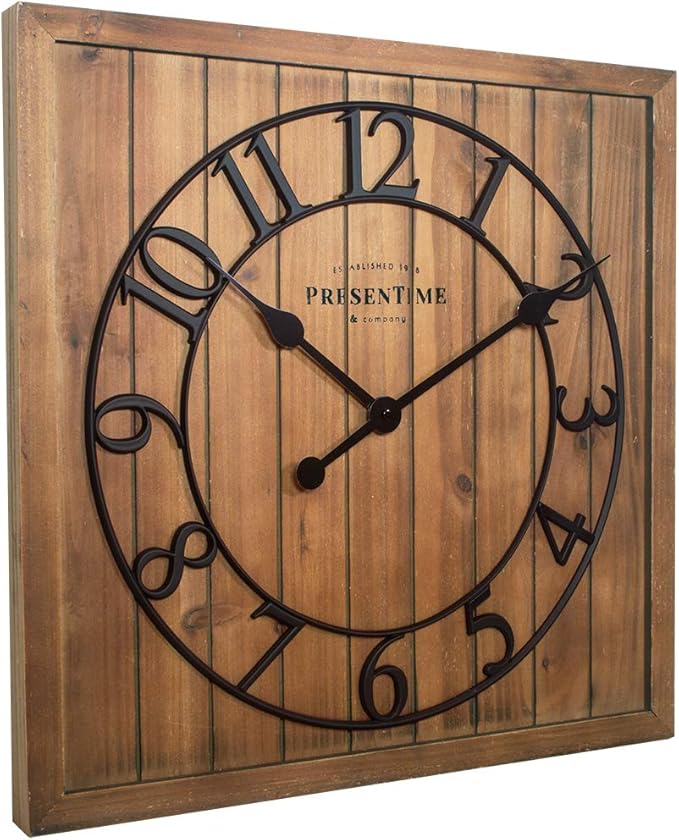 Presentime & Co 21" Farmhouse Square Shiplap Barn Door Wood Clock - Fir, Arabic Numeral. Home Decoration/Wall Decoration/Farmhouse Décor for Living Room, Dining Room, and Entryway.
