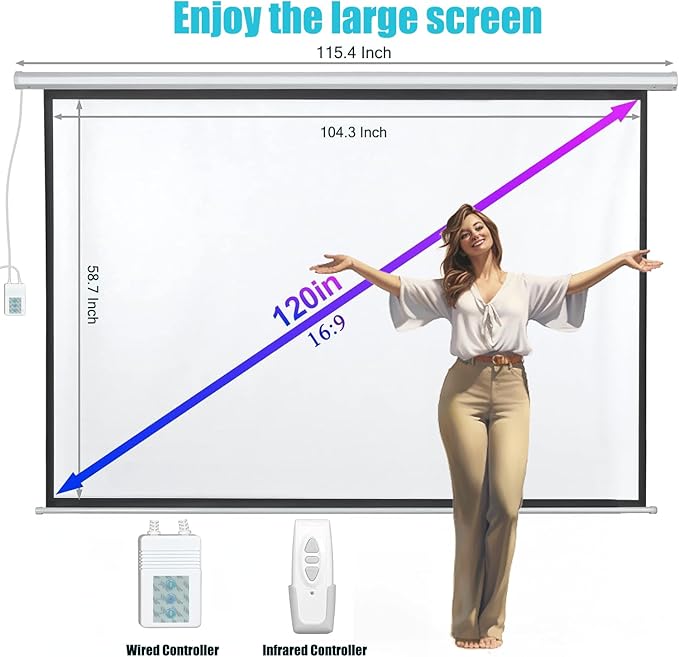 120" Motorized Projector Screen, Electric 16:9 Projector Screen with Remote Control, Indoor/Outdoor HD Movie Screen, Wall/Ceiling Mounted, Perfect for Home Office Theater TV, White
