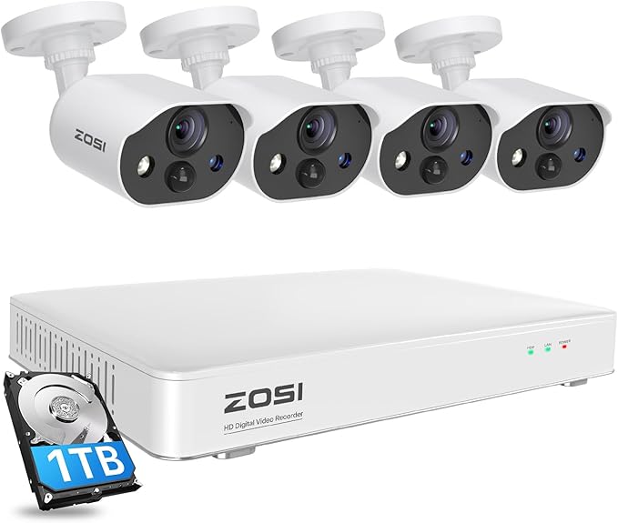 ZOSI C303 Spotlight Home Security Cameras System with Audio,8CH 5MP Lite DVR,4pcs 1080p Outdoor Cameras,Night Vision,Person Vehicle Detection,Light&Siren Alarm,1TB HDD for 24/7 Recording