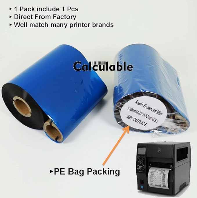 3 Count Pack 4.33" x 1476' Thermal Wax Ribbon Enhanced Wax Resin for Zebra Desktop Printer S4M Z4M 105SE 105S 105SL 105SLPlus 160S S500 S600
