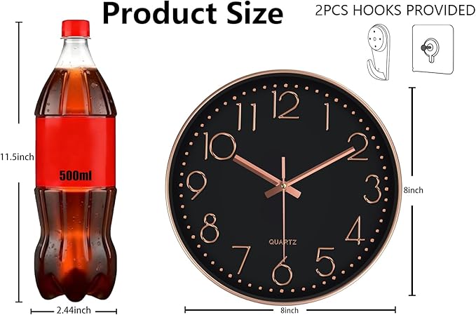 Silent Wall Clocks Battery Operated 8 Inch, Analog Wall Clock with Oversized Number Tempered Glass Clock Face, Non Ticking Wall Clocks for Living Room Bedroom Kitchen Office, Black Rose Gold