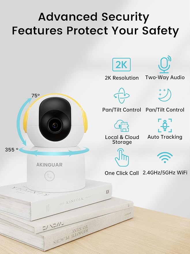 2K 3MP Indoor Security Camera, 5GHz/2.4GHz WiFi Camera,Security Camera for Home, 360°Pan Security Cameras with Motion Detection & One-Touch Call, Night Vision, Compatible with Alexa, Yellow