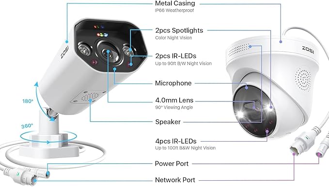 ZOSI 32CH 4K PoE Security Camera System, Face Person Vehicle Detection, 2 Way Audio, Spotlight Siren, 16pcs 8MP Outdoor Indoor IP Cameras, 32 Channel 4K NVR with 4TB HDD for 24/7 Recording