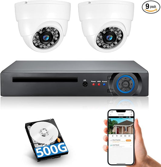 Fuers 8CH H.265+ Surveillance Security Camera System with AI Human Detection, 2 x 2592TVL 5MP Wired Dome Cameras for Indoor Use, 500G Hard Drive Included,Email Alert