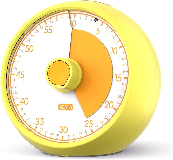 Visual Timer 60-Minute Countdown Timer with Optional Alarm, Focus Tool for ADHD & Autism, Time Management for Homework, Chores, Office, Kitchen, Teaching & Study Routines (Yellow)