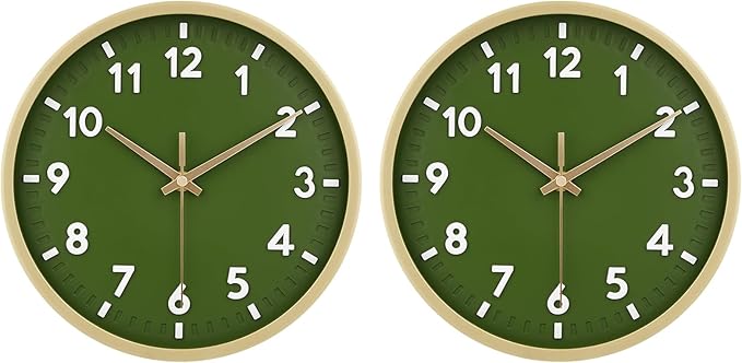 HIPPIH Wall Clock 2 Pack, 10 Inch Modern Wall Clocks Battery Operated, Non Ticking Silent Wall Clock, Simple Small Analog for Living Room, Bedroom, Kitchen, School, Office, Green