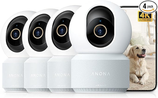 Anona 4K UHD Indoor Camera, Pet/Dog/Baby Security Camera with Phone App, 360°Pan-Tilt, 2.4G/5G Dual-Band Wi-Fi 6, Auto-Tracking, Person/Pet/Baby Crying Detection, Privacy Mode, Two-Way Audio, 4 Pack