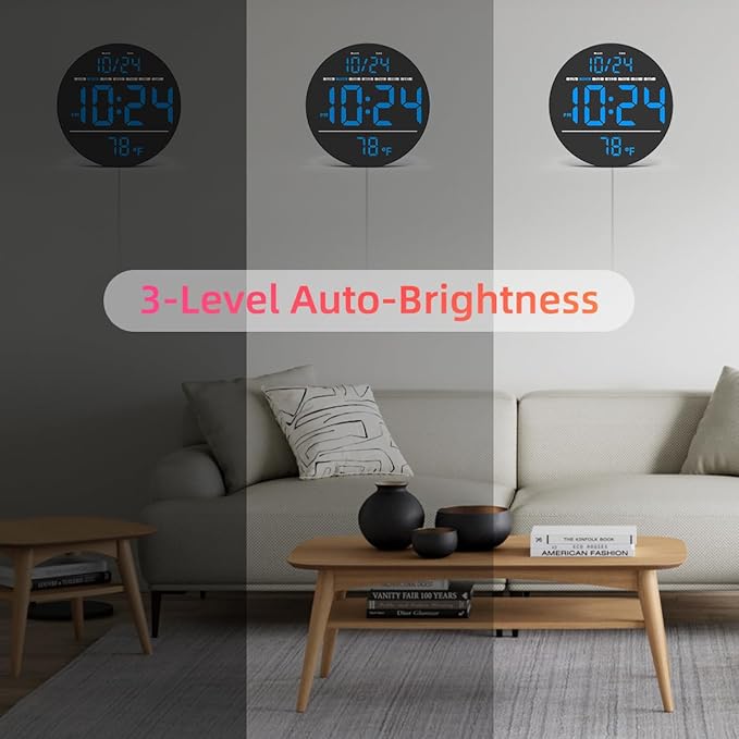 Digital Wall Clock with Large LED Display, Date, Temperature, Auto-Brightness | Small [PLUG-IN] Clock | Modern Electric Wall Clock for Bedroom, Classroom, Living Room, Home, Office, Farmhouse - Blue