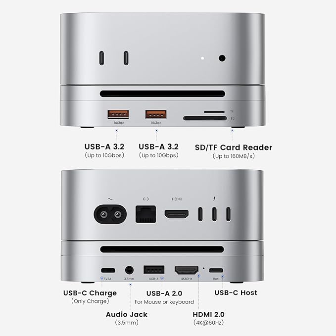 Mac mini M4 Dock & Hub with 8TB NVMe SSD Enclosure, 4K@60Hz HDMI, 2x10Gbps USB A, 1x5Gbps USB A, USB-C Charge, SD/TF, Audio 3.5mm, Stand Docking Station for Mac mini M4/M4 Pro
