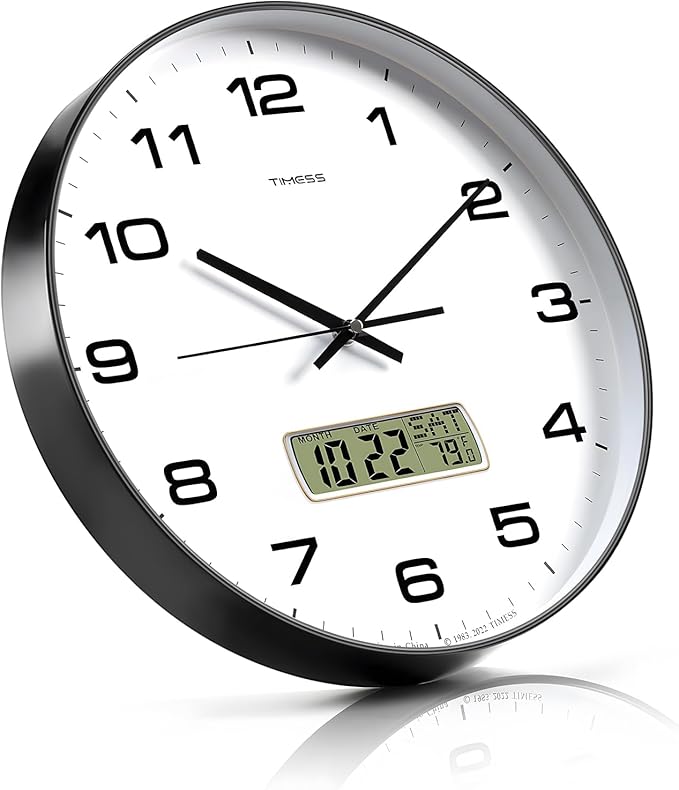 Wall Clock, 10" Dial Non-Ticking Silent Battery Operated Analog with LCD Display for Perpetual Calendar and F° Temperature, Ideal Modern Home, Bedroom, Kitchen, Office Decor (Black)