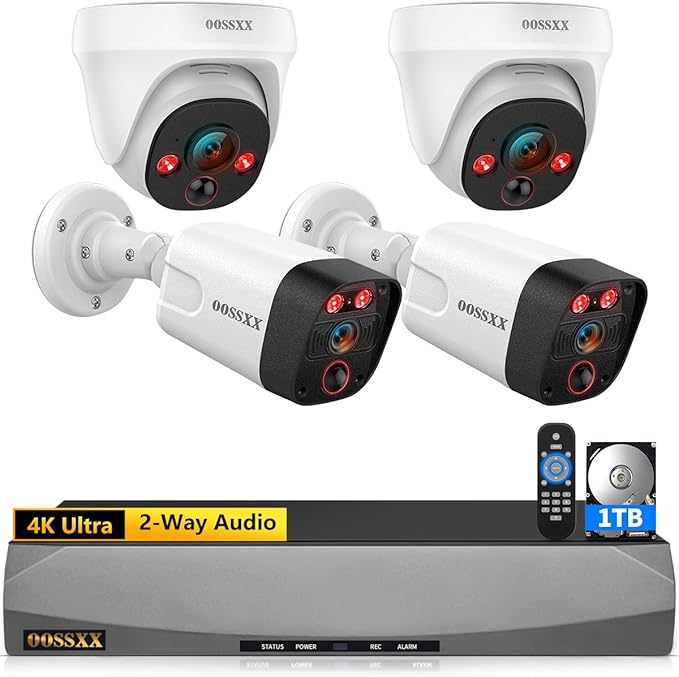 OOSSXX (4K HD & 130° Ultra Wide-Angle) 2-Way Audio 8MP Wired Dome PoE IP Cameras for Home Security Outdoor Camera System, 2Pcs Dome Cameras/2Pcs Bullet Camera, PIR Detection
