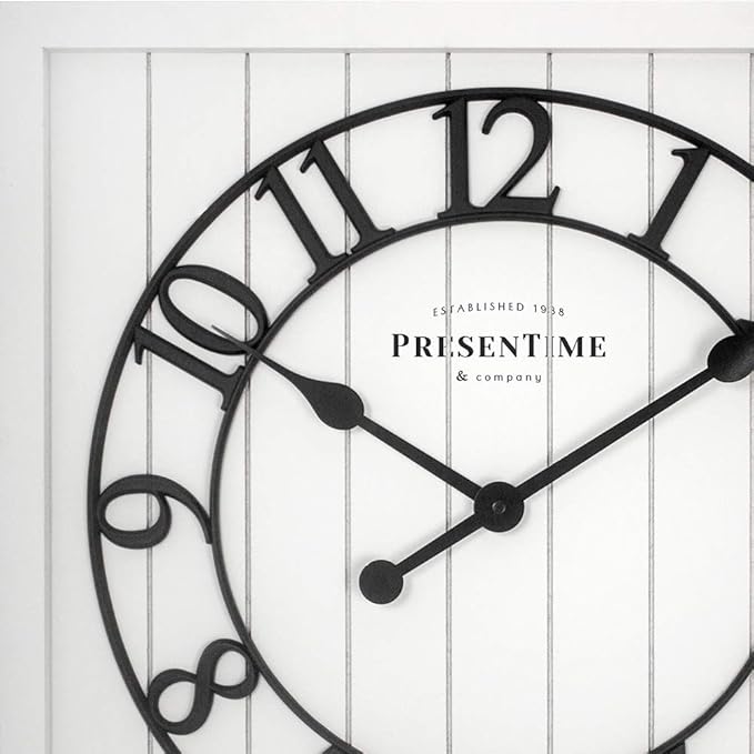 Presentime & Co 21" Farmhouse Square Shiplap Barn Door Wood Clock - White, Arabic Numeral. Home Decoration/Wall Decoration/Farmhouse Décor for Living Room, Dining Room, and Entryway.