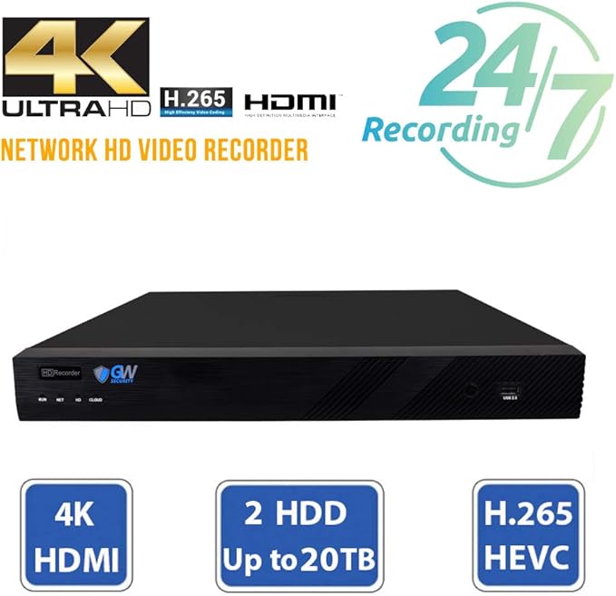 GW Security 16 Channel 4K NVR 5MP POE Audio & Video Smart AI Security Camera System - 16 x 5MP 1920P Weatherproof Bullet Cameras, Built in Microphone, Pre-Installed 4TB Hard Drive