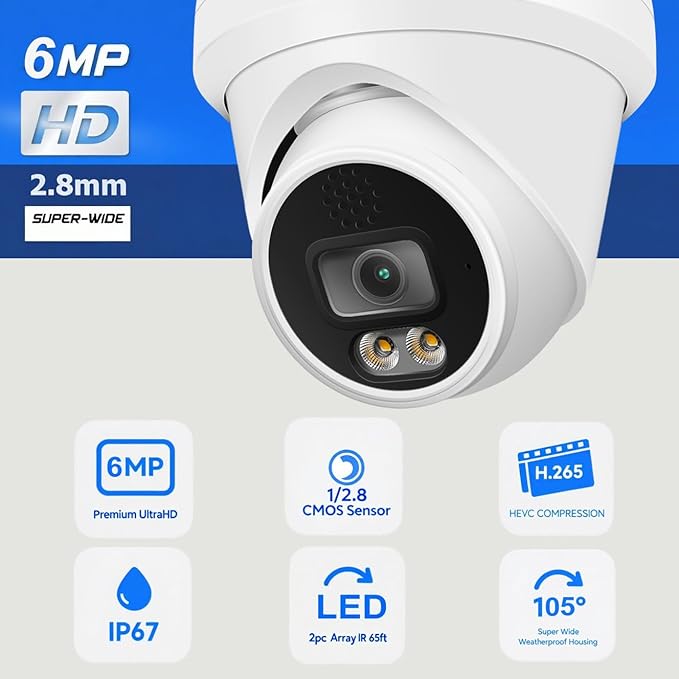 Real HD 6MP Add-On Full Color Night Vision Dome IP Camera for IP NVR Systems, with Visiable White Lights, 105° Viewing Angle, Outdoor, Compatible with Ⲏіk NVR, NDAA Compliant
