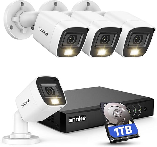 ANNKE 8CH 2MP Security Camera System, 8 Channel H.265+ DVR Recorder, AI Human/Vehicle Detection, 4X 1080P Cams with Smart Dual Light Color Night Vision for Home & Business Surveillance, IP67, 1TB HDD