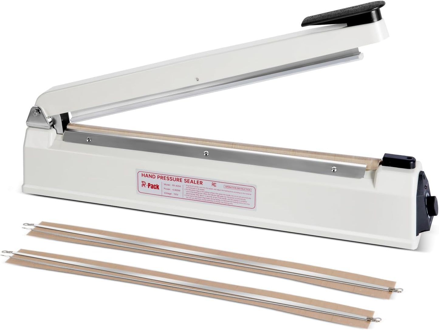 Impulse Heat Sealer with Cutter, Heavy-Duty Bag Sealing & Cutting Machine, 2 Extra Replacements (White, 16-Inch)