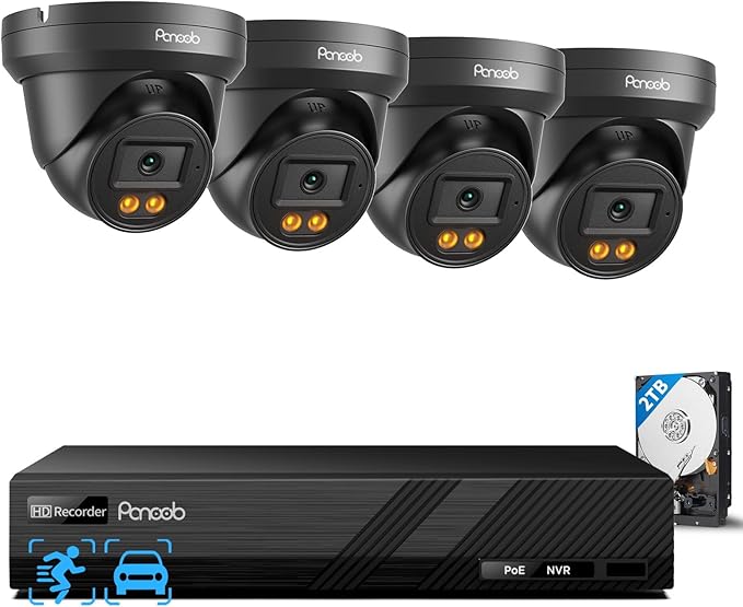 Security Camera System PoE, 4X 4MP Wired Bullet IP Cameras Outdoor Built-in Microphone, AI Human Vehicle Detection, 5MP 8CH NVR with 2TB HDD, Smart Color Night Vision, PD93BA30408-4MD(Black)