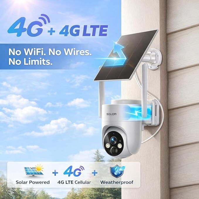 SOLIOM 4G LTE Cellular Security Camera, No WiFi Security Camera, Security Camera Wireless Outdoor for Remote Areas – Solar Powered, Live View, Color Night Vision, PIR Motion Sensor, 2-Way Talk, S90