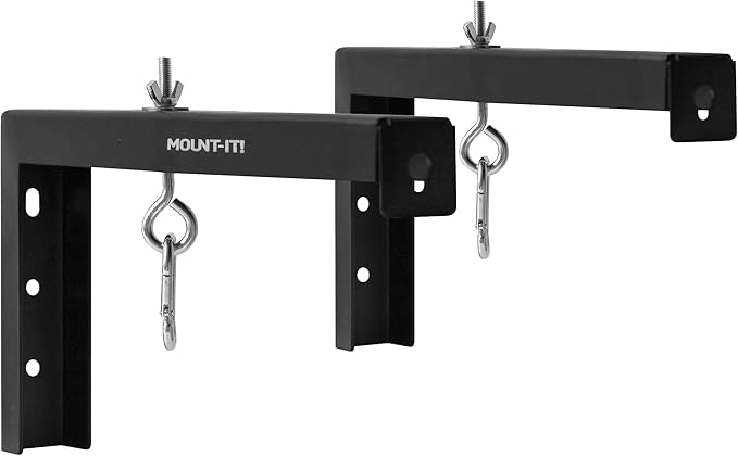 Mount-It! Projector Screen Wall Mount L-Brackets - Extra Large Wall and Ceiling Hanging Bracket for Home Projector and Movie Screens, 12 inch Mounting Hooks, 1 Pair, Black, 66 Lb Each Capacity