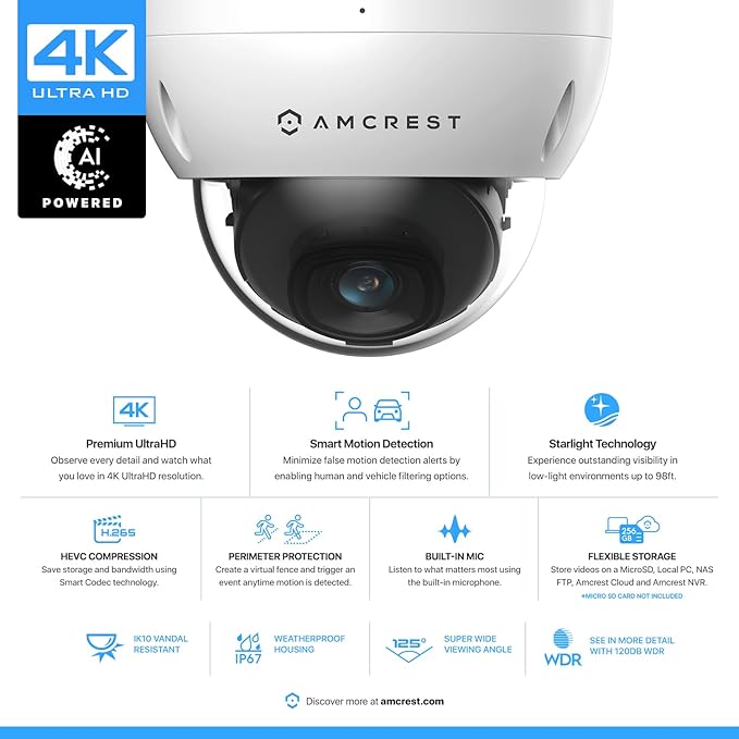 Amcrest 2-Pack UltraHD 4K (8MP) Dome POE IP Camera, 3840x2160, 98ft NightVision, 2.8mm Lens, IP67 Weatherproof, IK10 Vandal Resistance, MicroSD Recording, White (IP8M-2493EW-AI-V3)