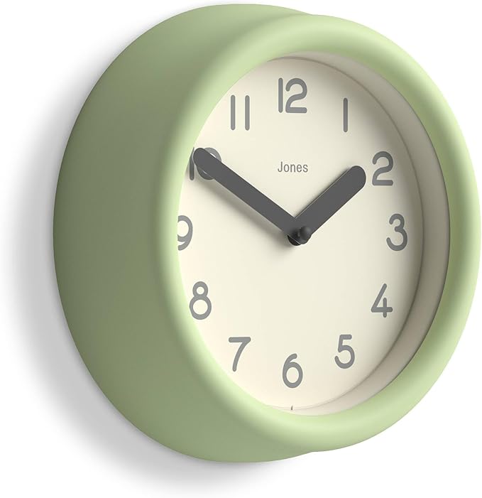 JONES CLOCKS® Fuze Wall Clock | Small Round Clock | Matcha Green | Playful Modern Design with Soft sculptural Presence | Ideal for Kitchens Living Rooms Kid's bedrooms