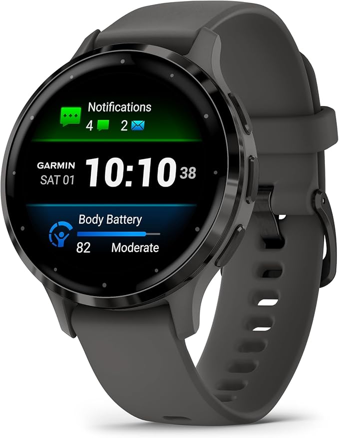 Garmin Venu 3S Running GPS Smartwatch with AMOLED Display, Advanced Health, Fitness Features, Up to 14 Day Battery Life with Signature Series Modern Power Stand | Slate with Pebble Gray Silicone Band