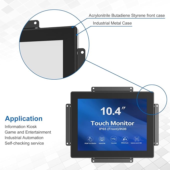 GreenTouch 10.4 inch High Brightness 1000 Nits Front Waterproof Industrial Open Frame PCAP Touch Screen LCD Display Monitor 1024x768 Black