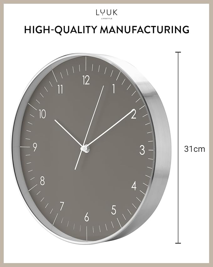 LUUK LIFESTYLE Silent Quartz Wall Clock, Nordic and Minimalist Design, Interior Decoration for Living Room, Kitchen, Bedroom, Dark Grey and Silver