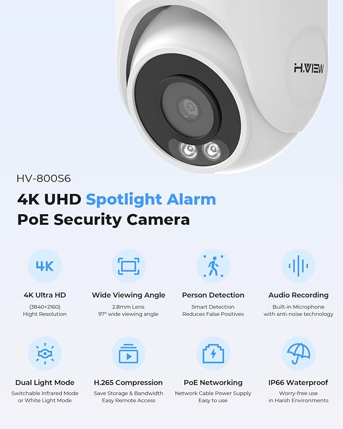 H.VIEW 4K PoE NVR Security Camera System,4pcs 8MP Weatherproof Wired PoE Cameras,Smart Person Detection,One-Way Audio,AI Decetion,H.265+ 4K/8MP 8CH NVR with 3TB HDD for Home 24/7 Recording