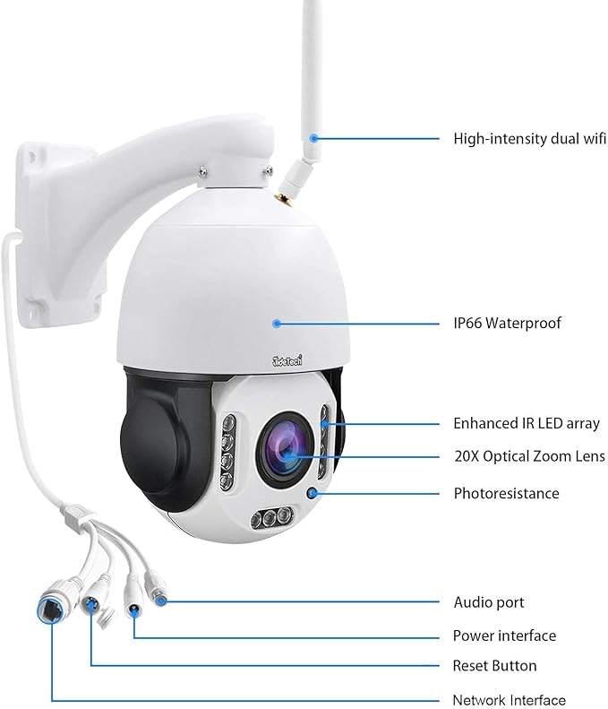 JideTech P2-Plus 20X 5MP PTZ WiFi Outdoor Security Camera | 360° Pan-Tilt-Zoom with 400ft Night Vision, Human Auto Tracking, 2-Way Audio, IP66 Waterproof | Compatible with Blue Iris, NVR, PC Browsers