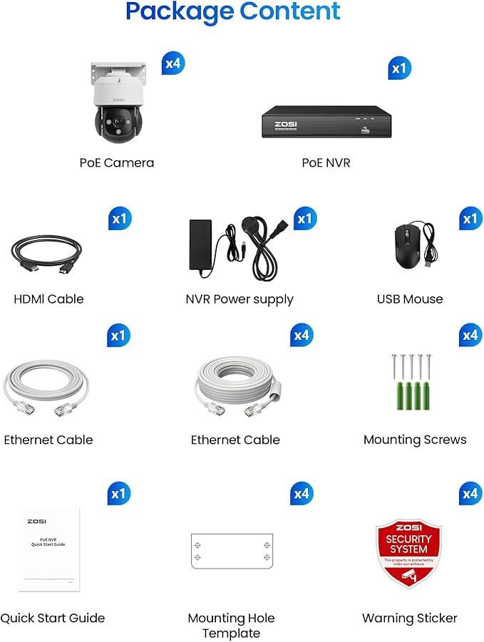ZOSI C290 4K 8CH POE Security Camera System (Up to16CH), 4 x 8MP Wired PoE IP Dome Cameras Outdoor Indoor, 360 View, AI Human/Vehicle/Face Detection, Two-Way Talk, Siren Alarm, Auto Tracking, 2TB HDD