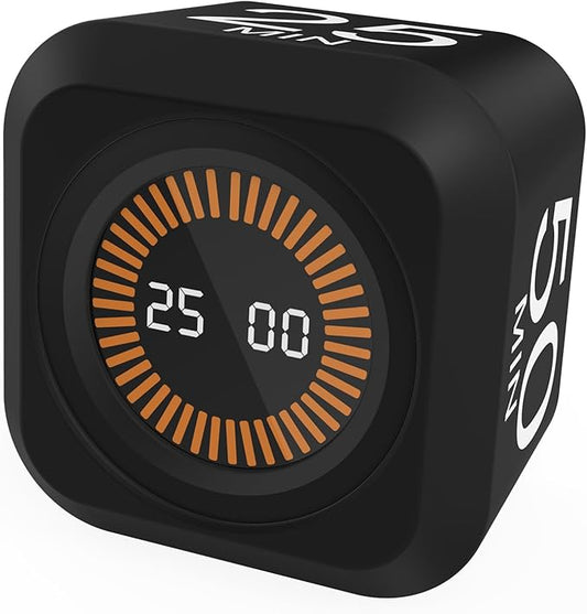 Rotating Cube Pomodoro Timer 5, 25, 10, 50 Min Preset + Custom Countdown, Desk Productivity Flip Visual Timer w/Silicone Case, Silent Mode, Ideal for ADHD Tool Study Work School (Black)