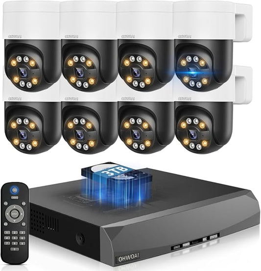 OHWOAI 《2-Way Audio & Auto-Tracking》4K Outdoor Wired Security Camera System,360 Degrees Security PTZ IP Cameras,Surveillance Video Equipment, Surveillance DVR Kits