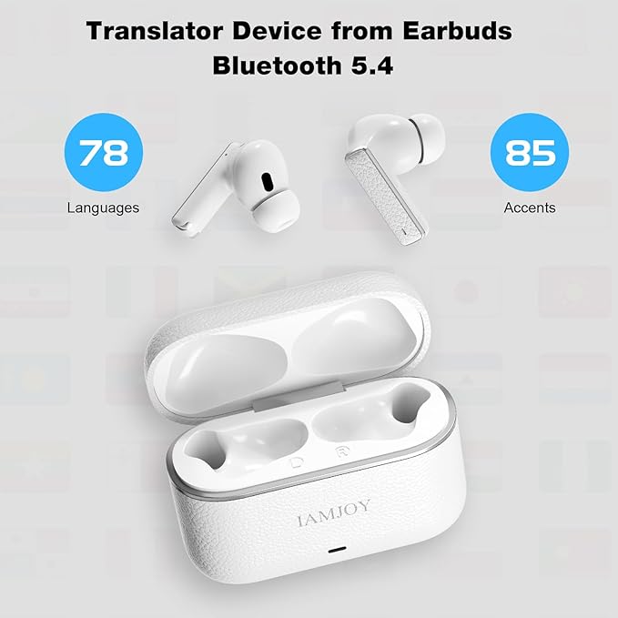 IAMJOY Language Translation Earbuds, 163 Language & Accents Two-Way Translator Device Built-in 6 Mics, 42dB Hybrid Dual Noise Cancelling Earbuds for Travel Business Learning, White
