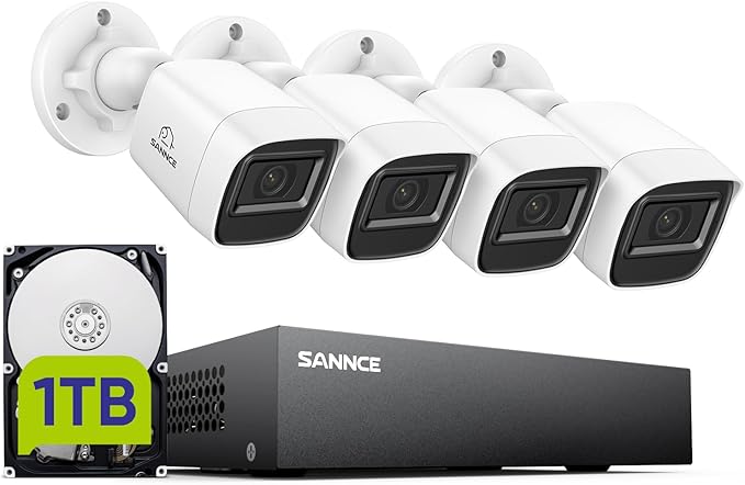 SANNCE 8CH 1080P Security Camera System DVR and 4x2.0MP Indoor Outdoor IP66 Weatherproof Bullet CCTV Cameras with IR 100ft Night Vision LEDs, Easy Remote Access,Home Surveillance System（1TB HDD）