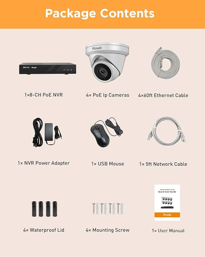 4 Camera Security System, 4X 5-Megapixel Wired IP Dome PoE Cameras Outdoor with AI Person Detection, Built-in Mic, Remote Access, 4K 8 Channel NVR 2TB HDD for 24-7 Recording, PD93A0408-5M